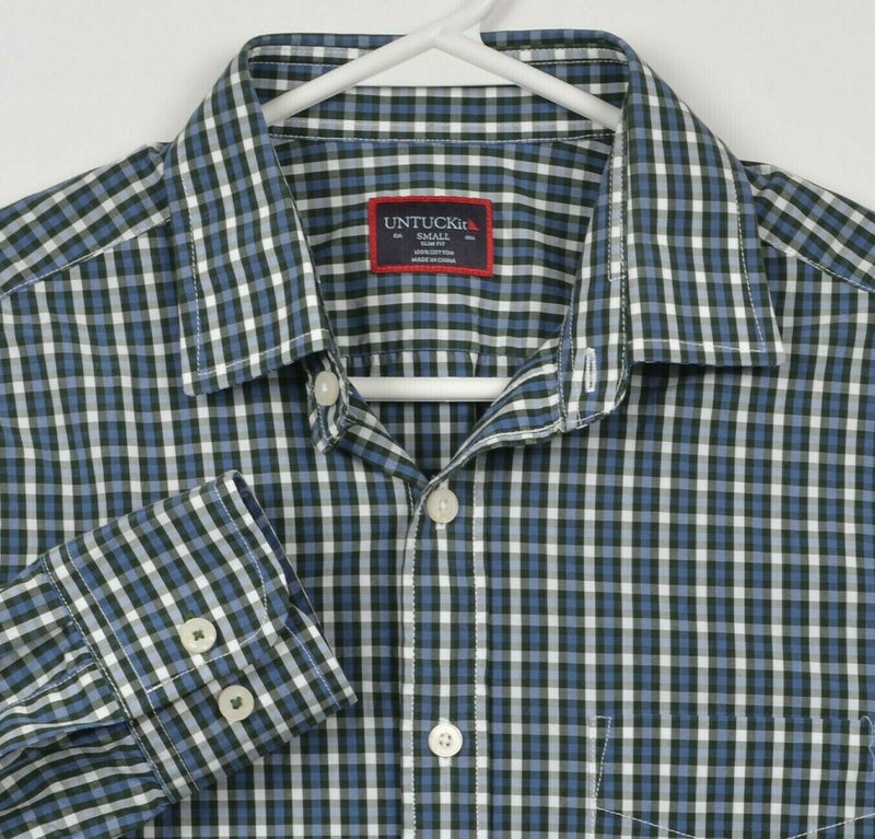 UNTUCKit Men's Small Slim Fit Green Blue Check Casual Button-Front Shirt