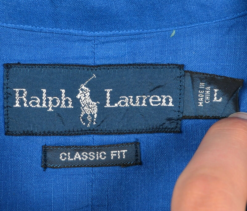Polo Ralph Lauren Men Large Classic Fit Linen Silk Blend Blue Button-Down Shirt