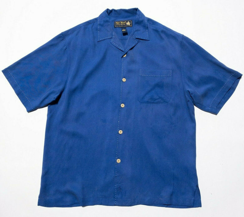 Nat Nast Silk Shirt Medium Men's Hawaiian Bowling Retro Blue Loop Collar Camp