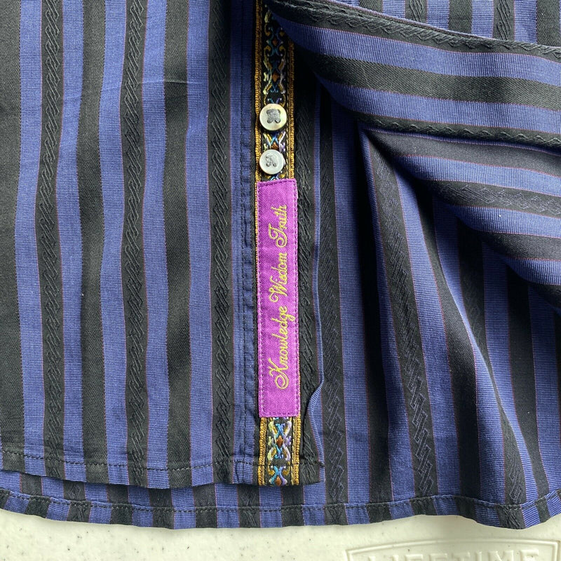 Robert Graham Men's XL Flip Cuff Blue Black Striped Snap-Front Crown Logo Shirt