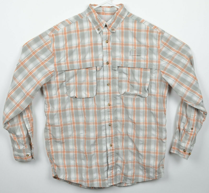L.L. Bean Men's Medium Vented Mesh Gray Orange Plaid Fishing Outdoor Shirt