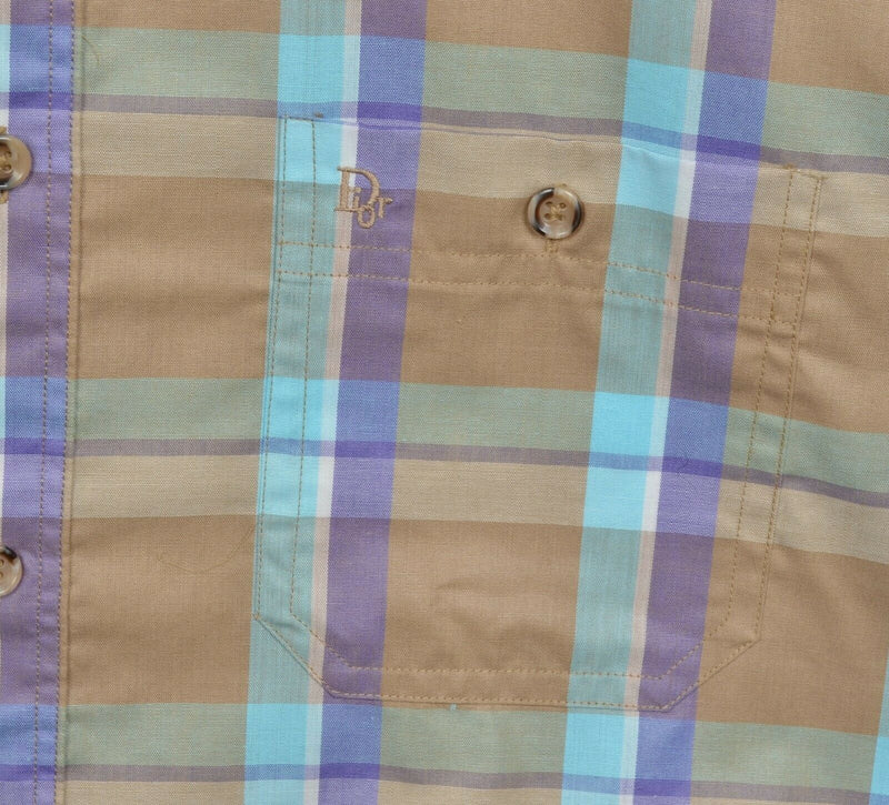 Vintage 80s Christian Dior Chemise Men's Medium Brown Purple Aqua Plaid Shirt