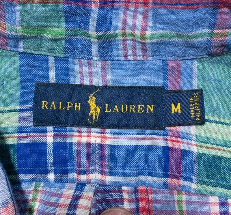 Polo Ralph Lauren Linen Shirt Medium Men's Colorful Plaid Blue Red Short Sleeve