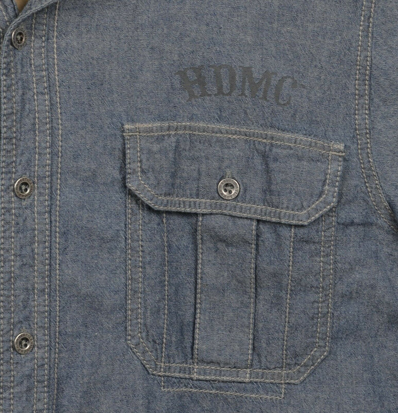 Harley-Davidson Men's Large HDMC Flip Cuff Blue Chambray "1" Button-Front Shirt