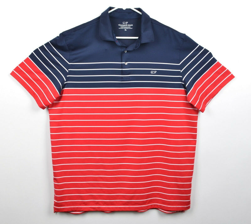 Vineyard Vines Performance Men XL Red Blue Striped Polyester Whale Golf Shirt