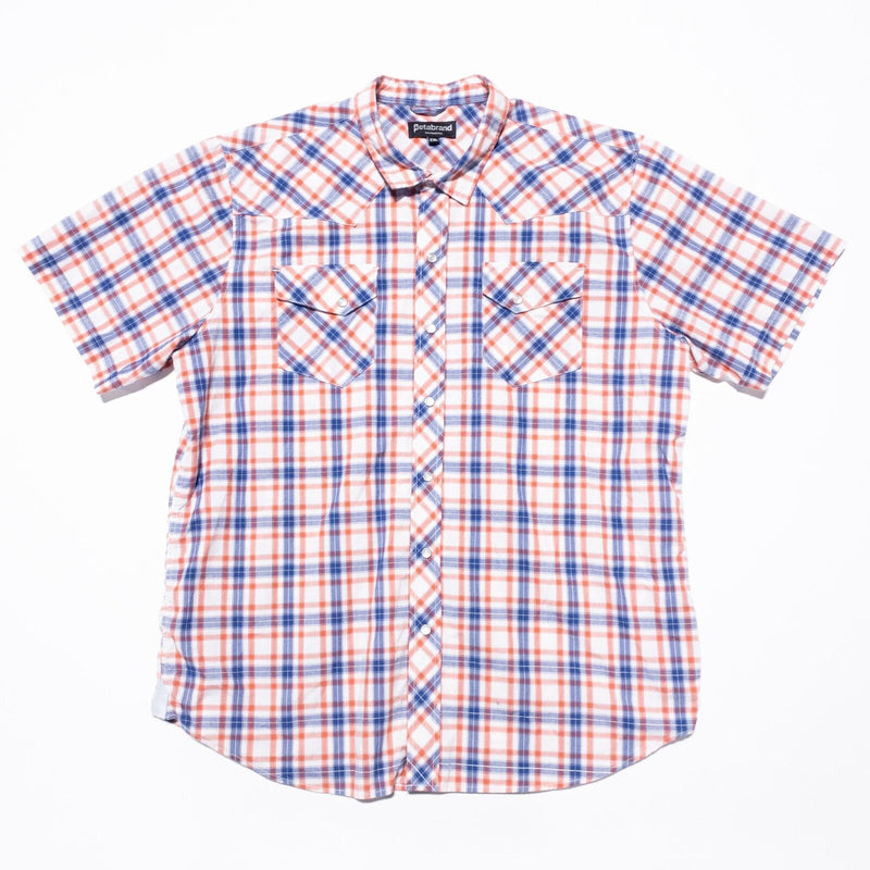 Betabrand Pearl Snap Shirt Men's 2XL Plaid Check Orange Blue Stretch Wicking