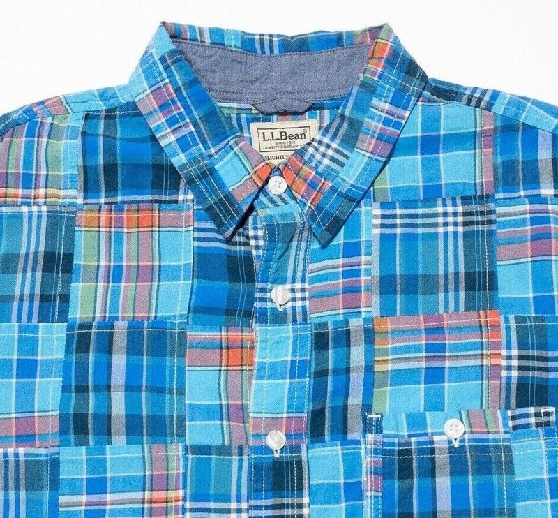 L.L. Bean Patchwork Shirt Medium Men's Blue Plaid Short Sleeve Button-Front
