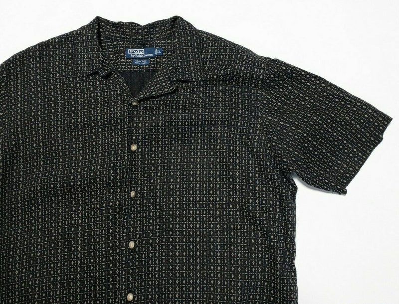 Polo Ralph Lauren Linen Shirt XL Men's Clayton Black Geometric Camp 90s Vintage