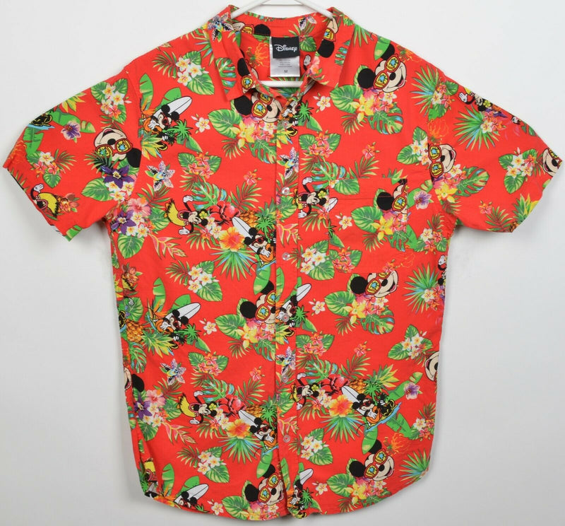 Disney Men's Medium Mickey Mouse Red Floral Cotton Rayon Hawaiian Shirt