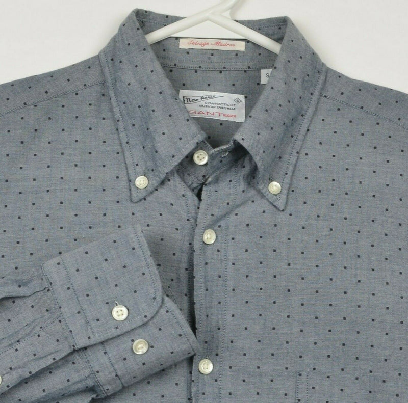 GANT Rugger Men's Small Selvage Madras Gray Chambray Polka Dot Button-Down Shirt