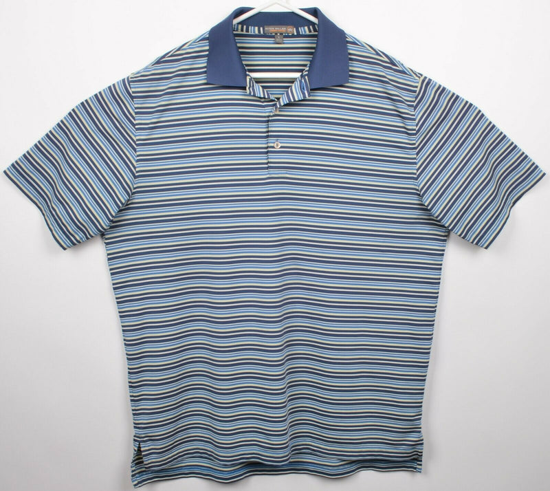 Peter Millar Summer Comfort Men's Large Blue Striped Wicking Golf Polo Shirt
