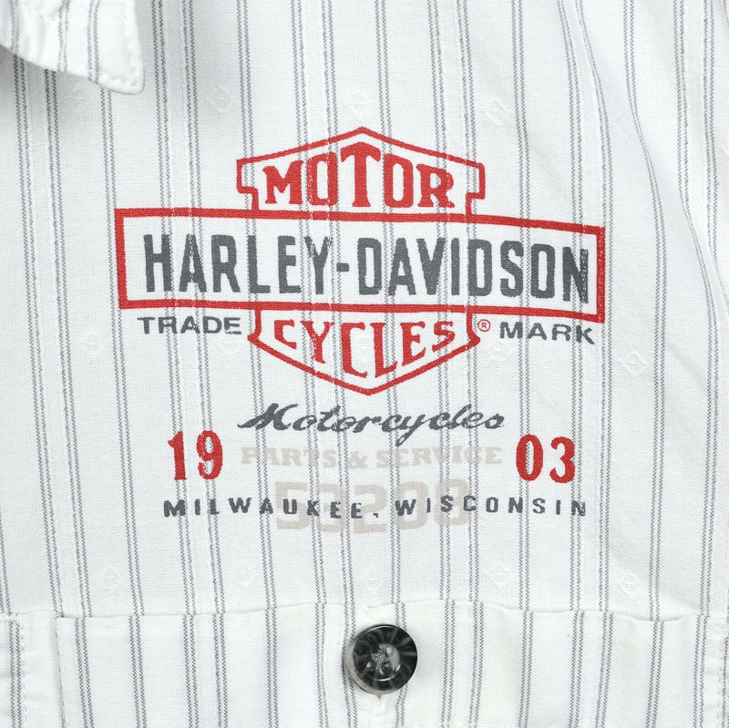 Harley-Davidson Men's Large White Striped Logo Print Garage Mechanic Biker Shirt