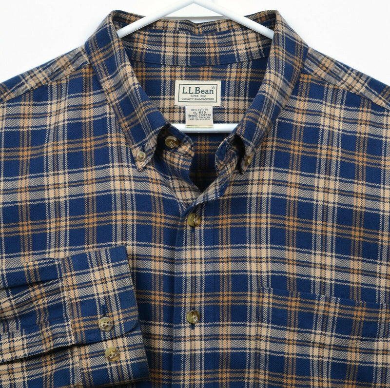 LL Bean Men's XL Scotch Plaid Flannel Navy Blue Cream Button-Down Flannel Shirt
