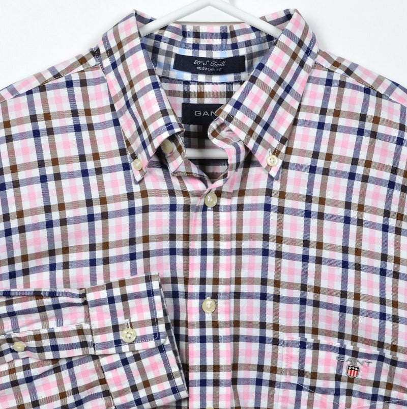 GANT Men's Large Regular Fit "80's Twill" Pink Blue Check Button-Down Shirt