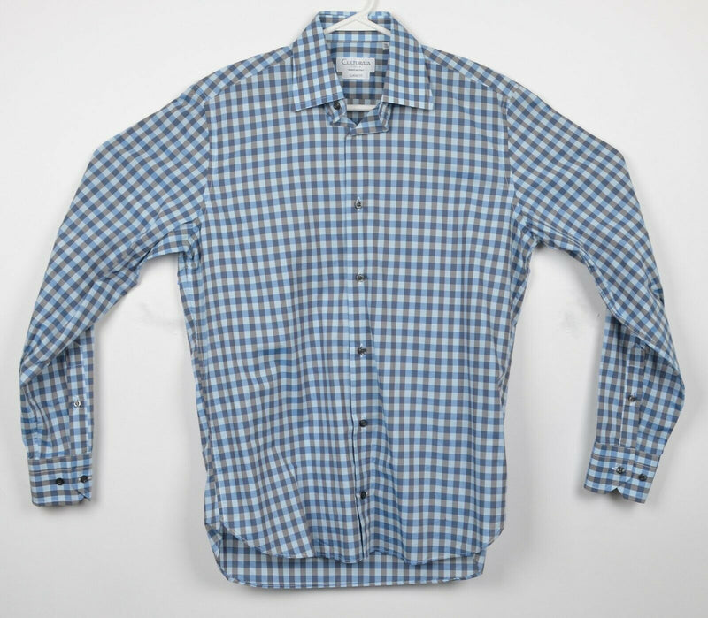 Culturata Roma Men's Small Classic Fit Blue Plaid Italy Button-Front Shirt
