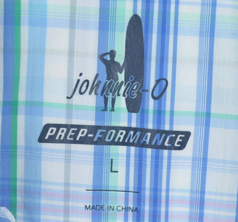 Johnnie-O Prep-Formance Men's Large Blue Plaid Bamboo Rayon Preppy Polo Shirt