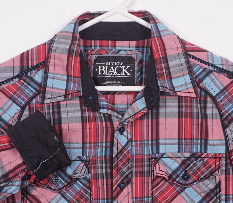 Buckle Black Men's Small Athletic Fit Red Blue Plaid Spandex Button-Front Shirt