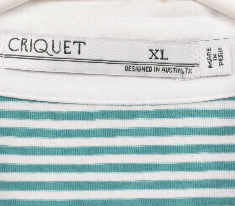 Criquet Men's XL Green White Striped Contrast Collar Pocket Polo Shirt