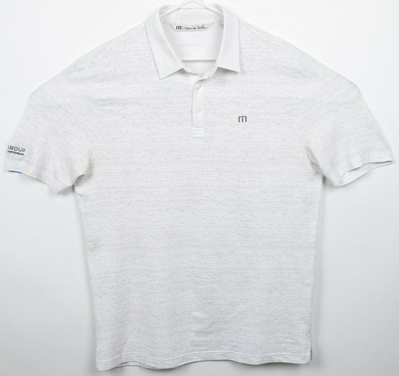 Travis Mathew Men's Large White Gray Striped Cotton Poly Blend Golf Polo Shirt