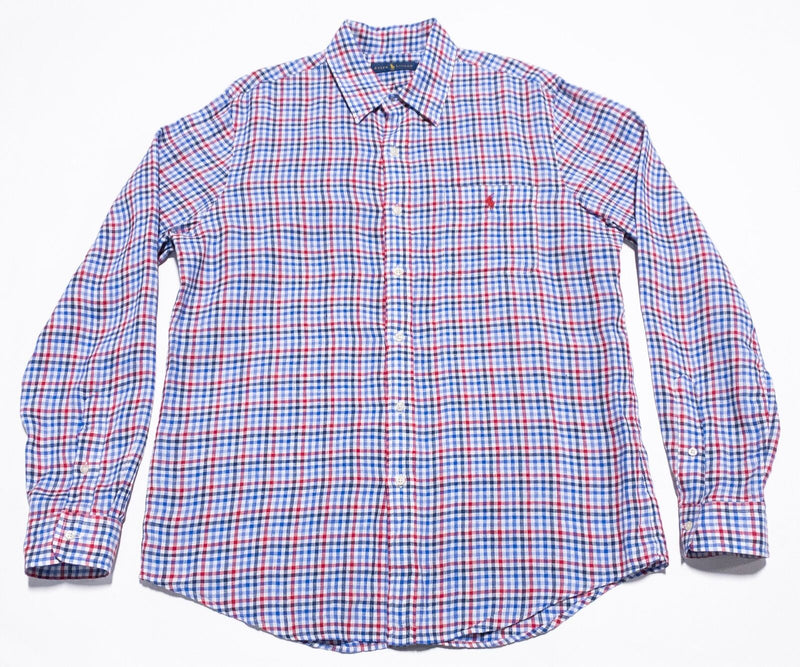 Polo Ralph Lauren Linen Shirt Men's Large Button-Up Long Sleeve Blue Red Check