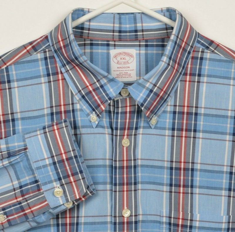 Brooks Brothers Men 2XL Non-Iron Blue Red Plaid Button-Down Madison Dress Shirt