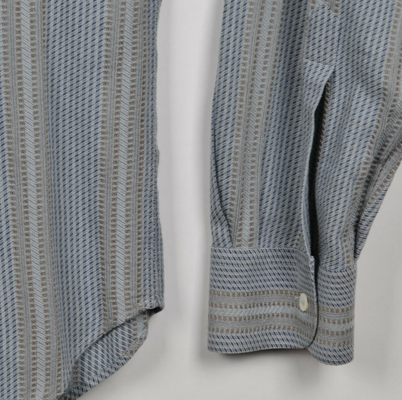 Armani Collezioni Men Large Cotton Viscose Blue Gray Striped Button-Front Shirt