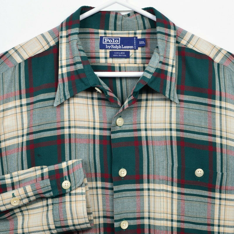 Polo Ralph Lauren Men's 2XL 100% Rayon "Collier" Green Plaid Button-Front Shirt