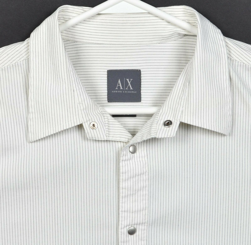 Armani Exchange A|X Men's Large Snap-Front White Striped Short Sleeve Shirt