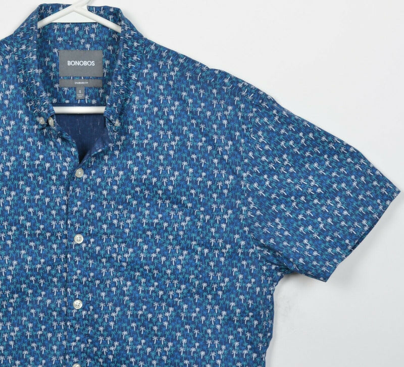 Bonobos Men's Small Standard Fit Floral Palm Tree Print Blue Button-Down Shirt