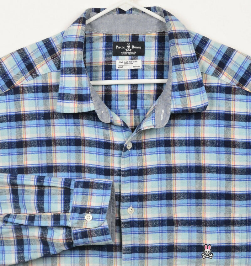 Psycho Bunny Men's 2XLT Navy Blue Plaid Robert Godley Button-Front Flannel Shirt