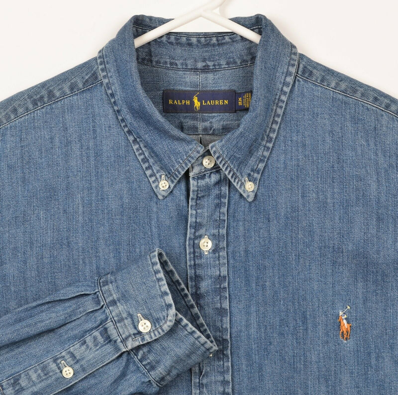 Vintage 90s Polo Ralph Lauren Men's XL Denim Blue Pony Jean Button-Down Shirt