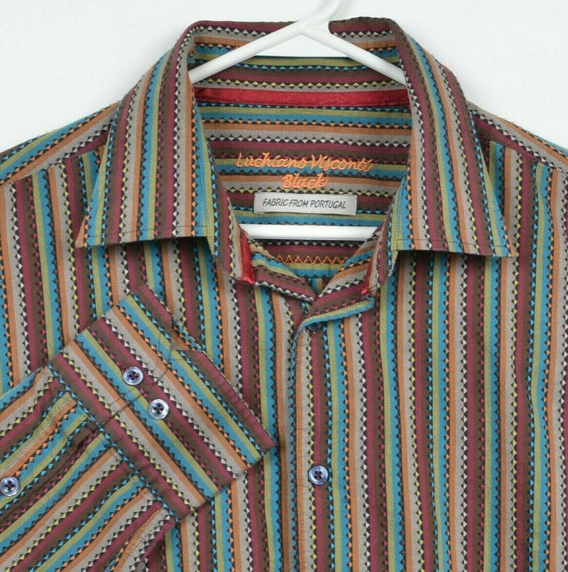 Luchiano Visconti Black Men 2XL Multi-Color Striped Textured Button-Front Shirt