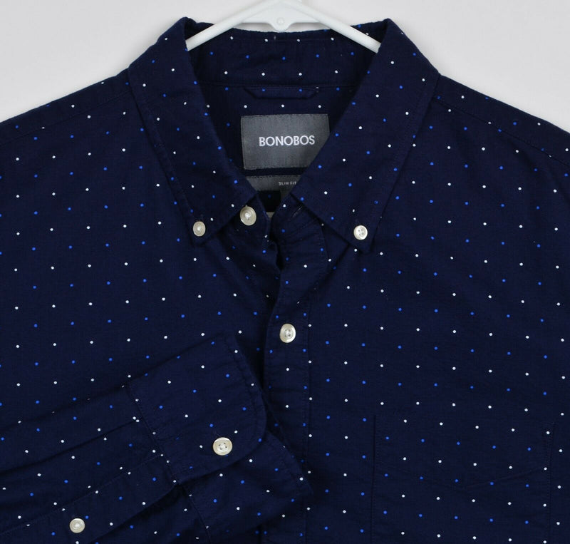 Bonobos Men's Large Slim Fit Polka Dot Navy Blue Long Sleeve Button-Down Shirt