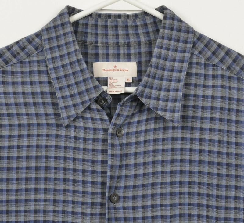 Ermenegildo Zegna Men's XL Linen Blend Navy Blue Gray Check Italian Shirt