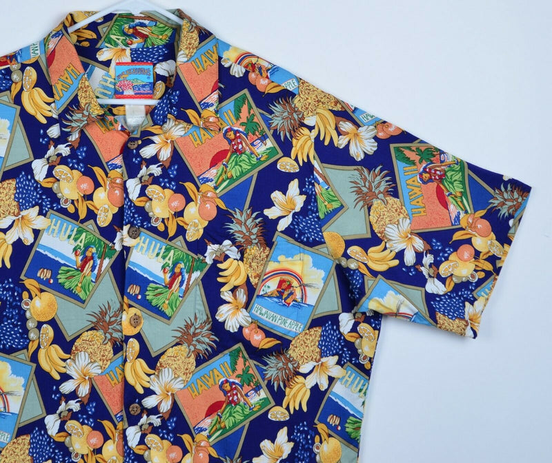 Joe Kealoha's Men's Large Rayon Postcard Fruits Tropical Hawaiian Shirt