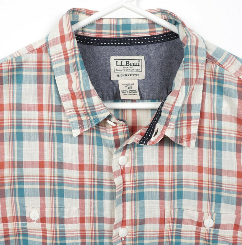 L.L Bean Men's Large Slightly Fitted Red Blue Plaid Button Casco Bay Camp Shirt