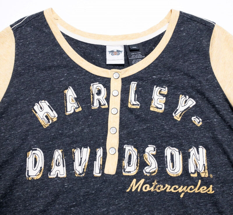 Harley-Davidson Women Top 2XL Short Sleeve Knit Gray Gold Pearl Snap Motorcycle