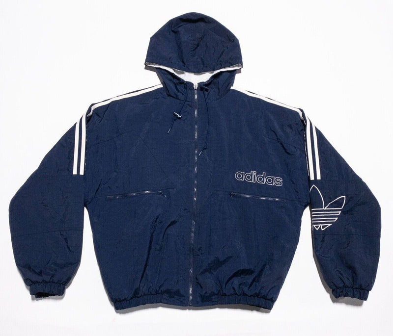 Vintage Adidas Puffer Jacket Men's Medium 90s Navy Blue Trefoil Full Zip Hooded