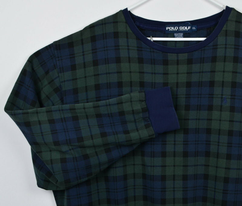 Vintage 90s Polo Golf Ralph Lauren Men's XL Green Navy Tartan Plaid Sweatshirt