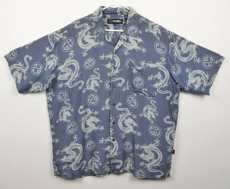 Vtg 90s FUBU Men's Sz XL 100% Silk Blue Dragon Print Hawaiian Camp Shirt