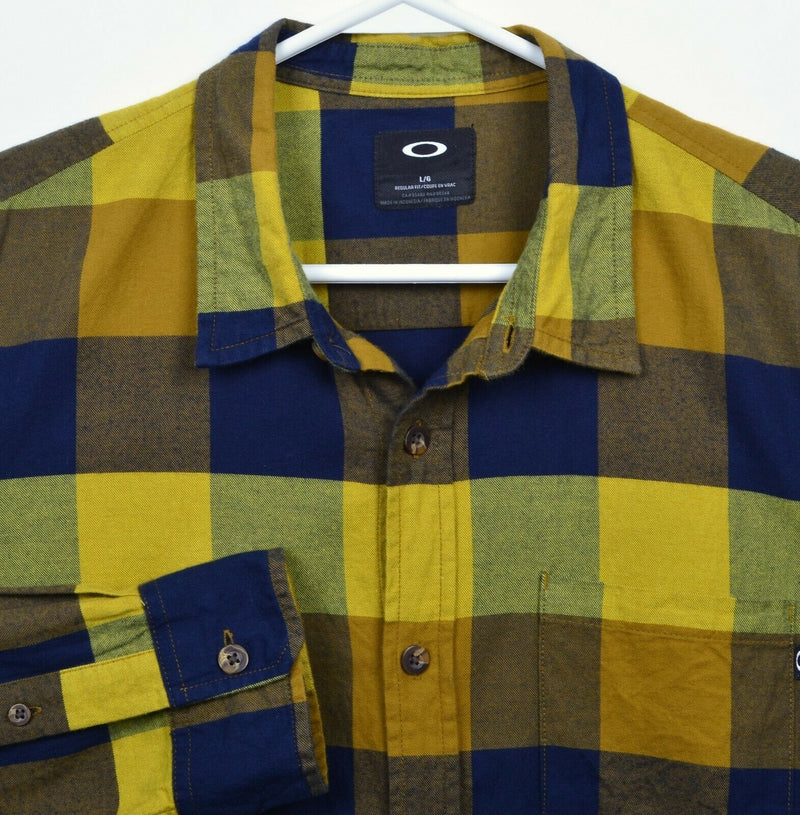 Oakley Men's Large Yellow Navy Blue Buffalo Plaid Check Button-Front Shirt