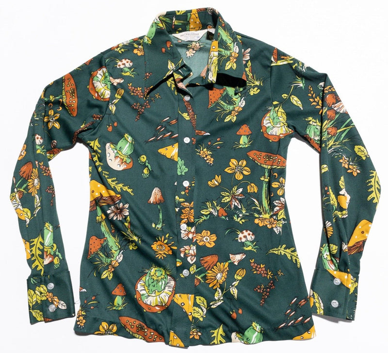 Vintage 70s Mushroom Disco Shirt Womens Medium Polyester Texturized Green Floral