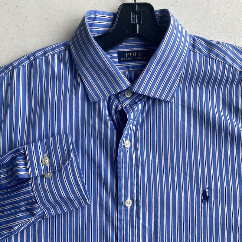 Polo Ralph Lauren Men's 17.5-34/35 Blue Striped Pony Long Sleeve Dress Shirt