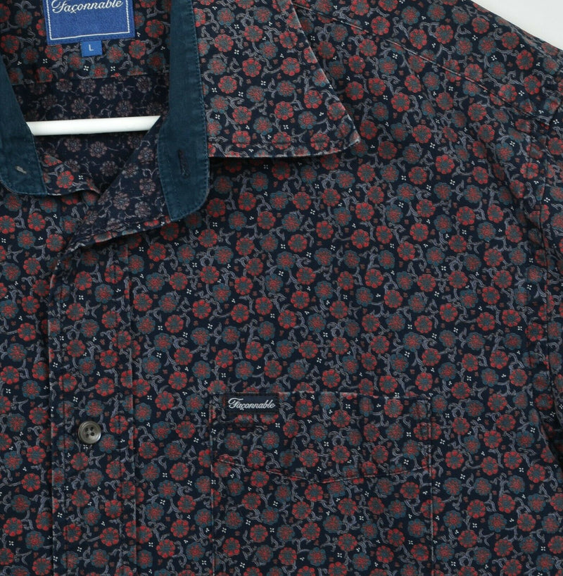 Vtg Faconnable Men's Sz Large Floral Pattern Flip Cuff Navy Button-Front Shirt