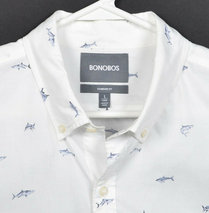 Bonobos Men's Large Long Shark Pattern White Short Sleeve Button-Down Shirt