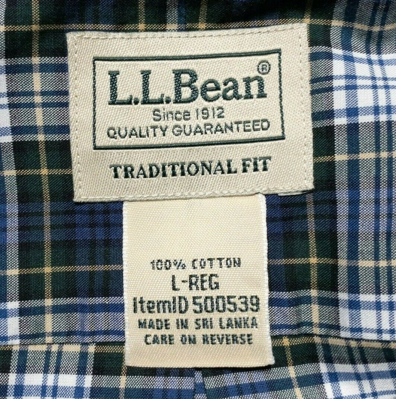 L.L. Bean Wrinkle-Free Button-Down Shirt Navy Blue Glen Check Plaid Men's Large