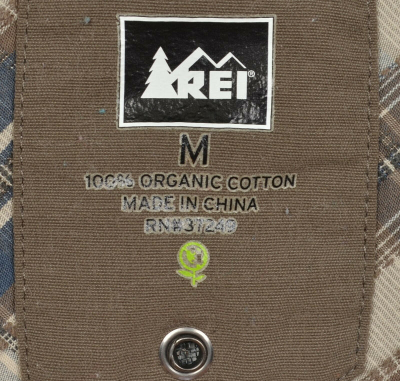 REI Men's Medium Blue Brown Plaid Organic Cotton Hiking Button-Front Shirt