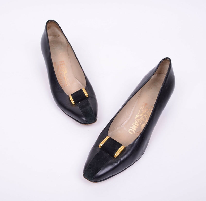 Authentic Salvatore Ferragamo 5.5 AA Narrow Black Leather Pumps Heels Bow 33851