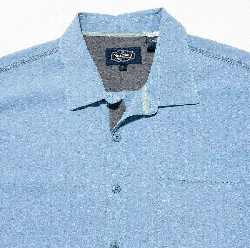 Nat Nast Silk Shirt XL Men's Luxury Originals Solid Light Blue Hawaiian Bowling