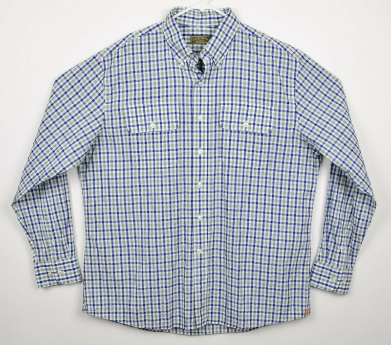 J.L. Powell Men's Sz Large Blue Green Plaid Check Long Sleeve Seersucker Shirt